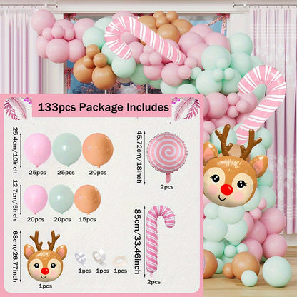 133pcs Christmas Balloon Arch Kit with Pink Candy Cane and Reindeer Head Foil Balloons, Mixed Color Emulsion & Aluminum Film Balloons for Wedding, Anniversary, Reunion - Suitable for 14+