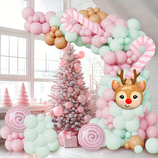 133pcs Christmas Balloon Arch Kit with Pink Candy Cane and Reindeer Head Foil Balloons, Mixed Color Emulsion & Aluminum Film Balloons for Wedding, Anniversary, Reunion - Suitable for 14+