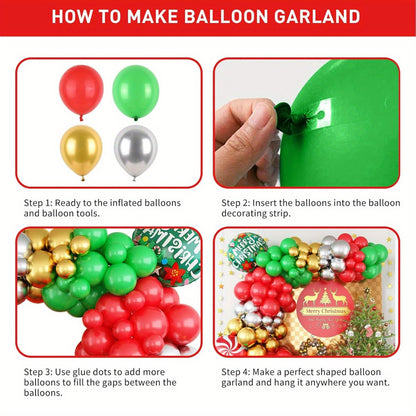 131pcs Green Latex Christmas Balloon Arched Kit, Mixed Fruit Red Windmill Candy Cane Design, Aluminum Foil, No Power Needed for Party Decoration