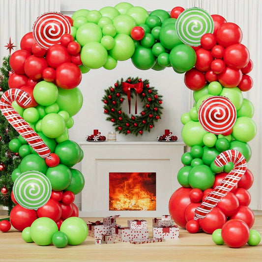 131pcs Green Latex Christmas Balloon Arched Kit, Mixed Fruit Red Windmill Candy Cane Design, Aluminum Foil, No Power Needed for Party Decoration