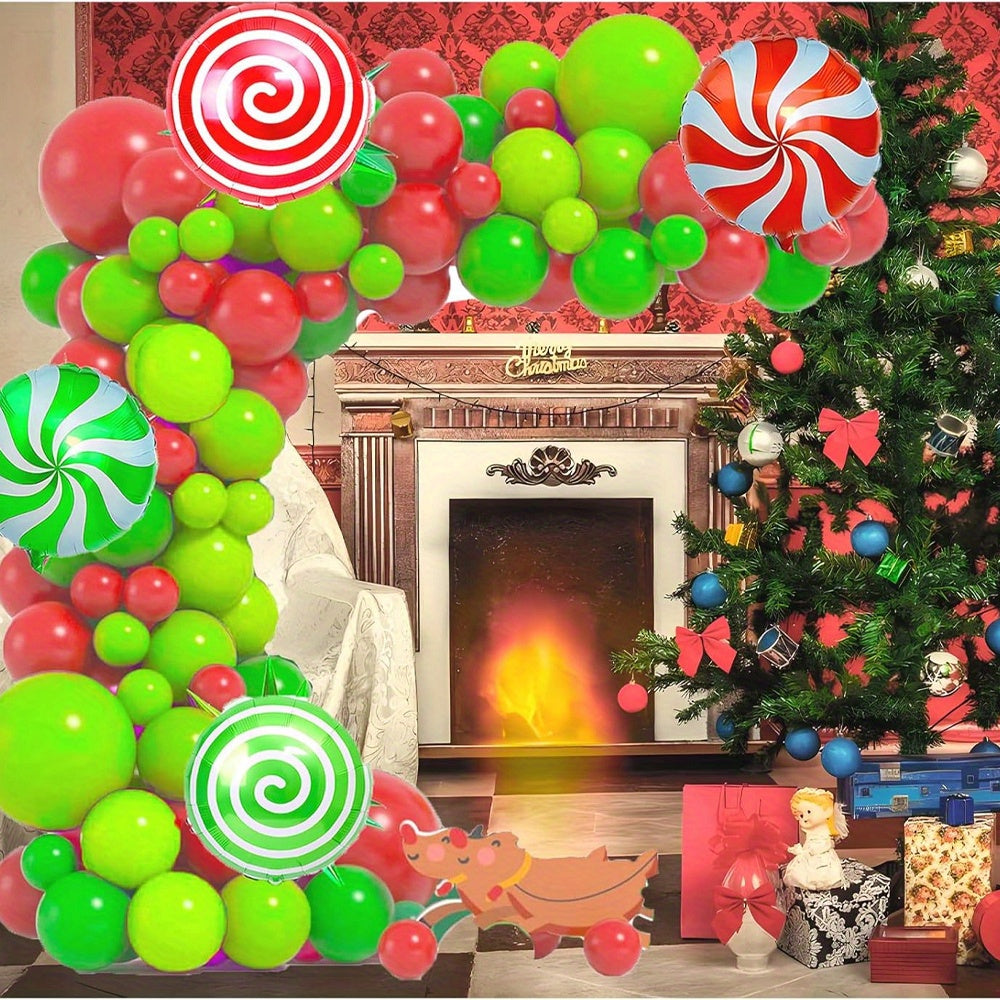 131pcs Green Latex Christmas Balloon Arched Kit, Mixed Fruit Red Windmill Candy Cane Design, Aluminum Foil, No Power Needed for Party Decoration
