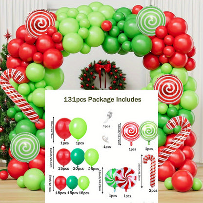 131pcs Green Latex Christmas Balloon Arched Kit, Mixed Fruit Red Windmill Candy Cane Design, Aluminum Foil, No Power Needed for Party Decoration