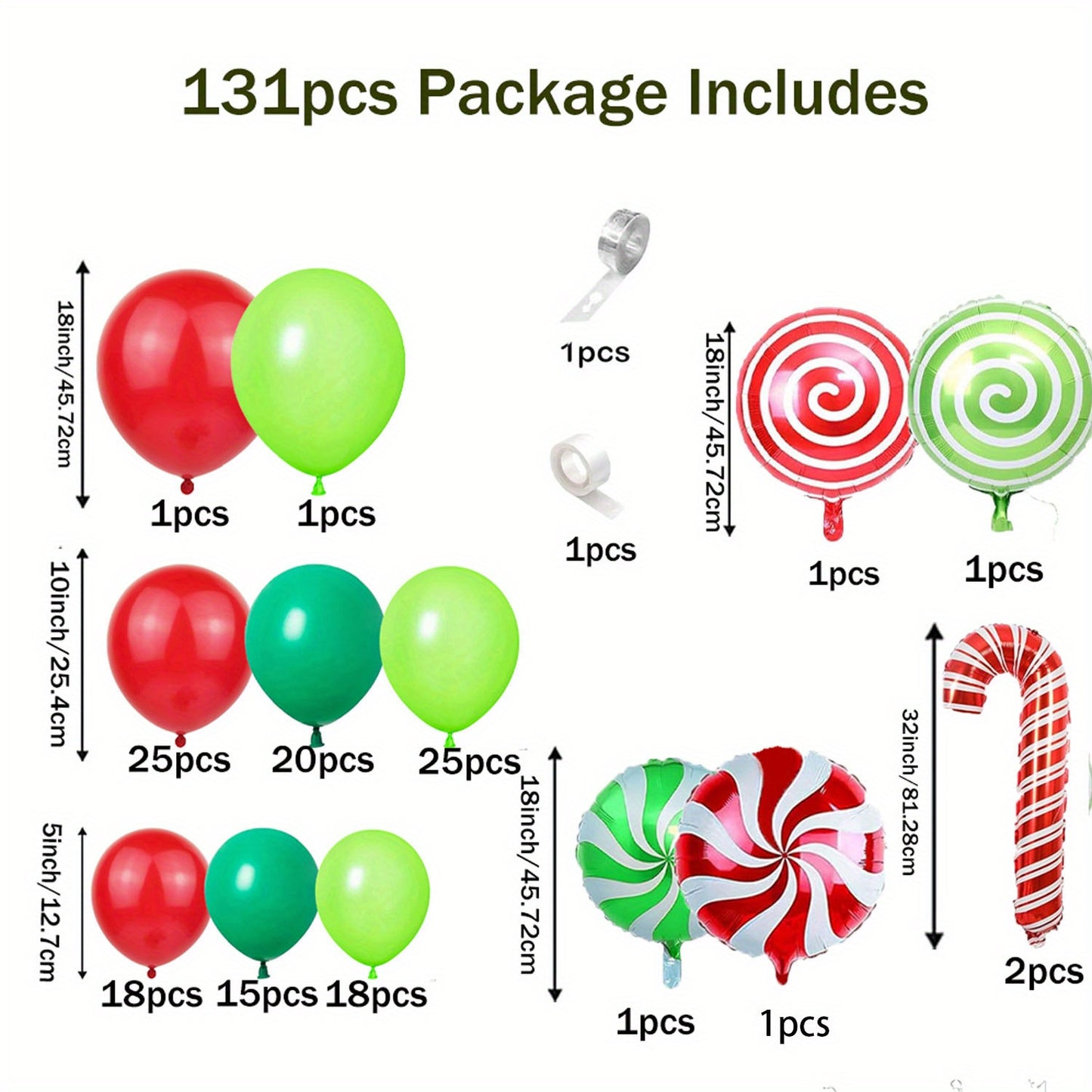 131pcs Green Latex Christmas Balloon Arched Kit, Mixed Fruit Red Windmill Candy Cane Design, Aluminum Foil, No Power Needed for Party Decoration
