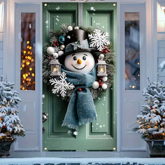 Charming Snowman & Christmas Wreath Door Banner - 35.4x70.8" Polyester Holiday Decoration, Perfect for Indoor/Outdoor Parties and Photo Booths
