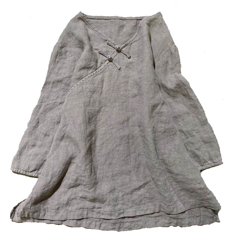 2025    202007/Qiao Ann, linen, autumn washed buckle retro simple loose large size women's shirt