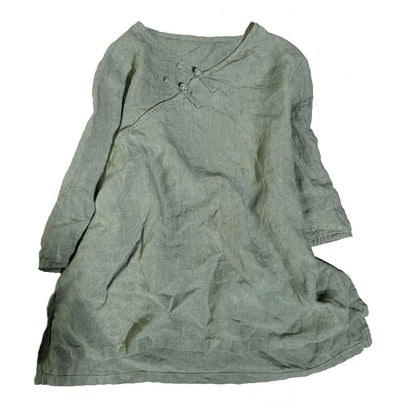 2025    202007/Qiao Ann, linen, autumn washed buckle retro simple loose large size women's shirt