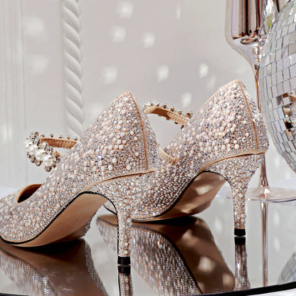 xiangtuibao Hot Rhinestone Pointed High Heels New Single Shoes Women's Pumps Bridesmaid Rhinestone Crystal Pearl Retro Wedding Shoes