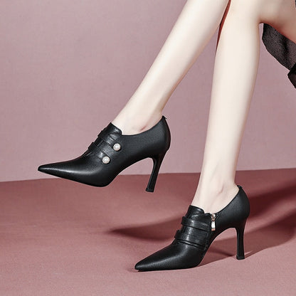 xiangtuibao Women Pointed Shoes Mid-heel Thick Heel Casual Single Shoes Women's Shoes High Heels Spring Autumn Genuine Leather Shoes Party
