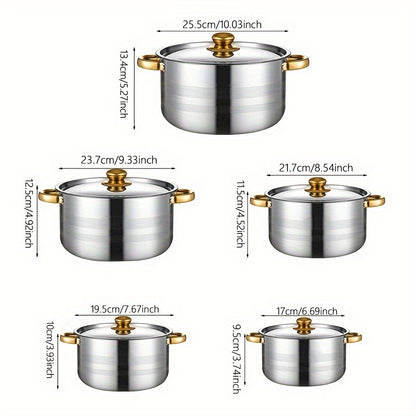 10pcs set of stainless steel pots, specifications are 6.69/7.68/8.54/9.33/10.04inch, stainless steel cooking pot, 5 pots + 5 pot lids, suitable for induction cookers and gas stoves, stainless steel double handle with lid, deep soup pot, suitable for soup,