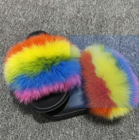 xiangtuibao Real Fox Raccoon Fur Slippers for Women Fur Slides Flip Flops Beach Plush Fluffy Furry Designer Slippers Sandal