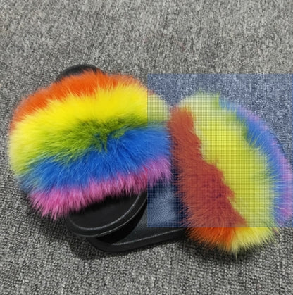 xiangtuibao Real Fox Raccoon Fur Slippers for Women Fur Slides Flip Flops Beach Plush Fluffy Furry Designer Slippers Sandal