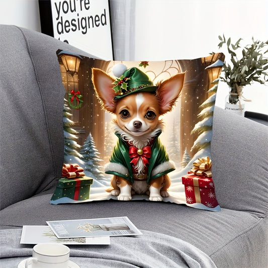 1pc Bohemian Style Christmas Chihuahua Pillow Cover, 17.7"x17.7" Zippered Machine Washable Knit Polyester Fabric Home Decor for Living Room and Bedroom