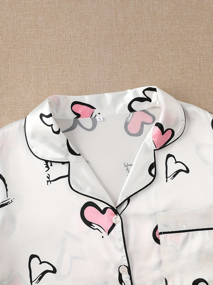 1 Shirt and 2 Trousers Womens Elegant Heart Print Satin Pajama Set - Soft, Relaxed Fit, Short Sleeve, Lapel Collar, Random Printing - Comfortable, Woven, Non-Sheer, All Seasons