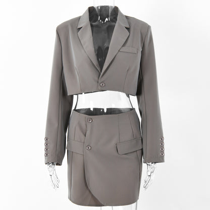 2025 ins summer new fashion casual suit women's long-sleeved cardigan one-button top hip skirt