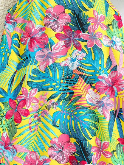 Midi Tropical Leaves Print Sleeveless Halter Neck Dress for Girls - Vibrant Summer Party Outfit with Trapeze Hem and Straight Skirt - Machine Washable Polyester Fabric, No Belt or Padding, Perfect for Holiday Gift