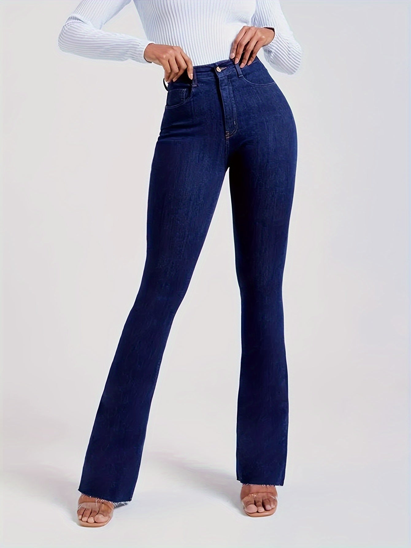 High Waist Solid Color Vintage Flare Leg Jeans - Stretchy Zip Up Bootcut Pants with Long Length and Medium Stretch Fabric - Perfect for Mature Women with Slim Fit