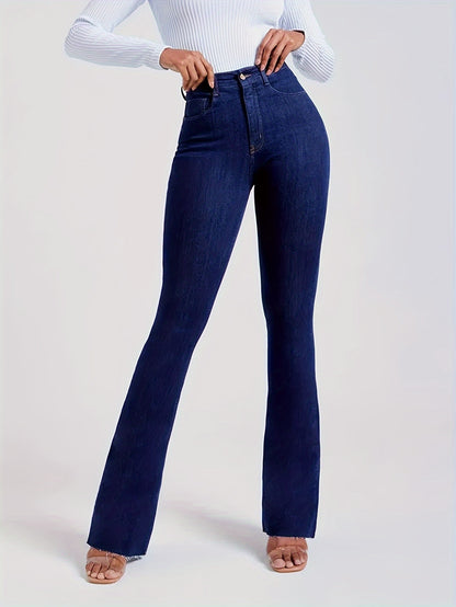 High Waist Solid Color Vintage Flare Leg Jeans - Stretchy Zip Up Bootcut Pants with Long Length and Medium Stretch Fabric - Perfect for Mature Women with Slim Fit