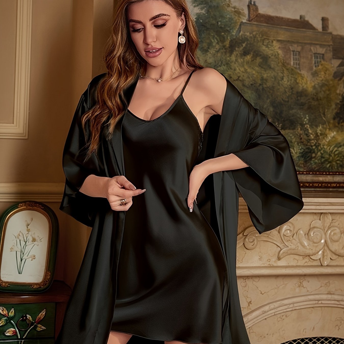 Three-Piece Luxurious Sleepwear Set - Soft Solid Satin Fabric, Stylish Three Quarter Sleeve, Elegant Belted Sleep Robe, Classic Round Neck Slip Dress - Designed for Womens Comfort and Style