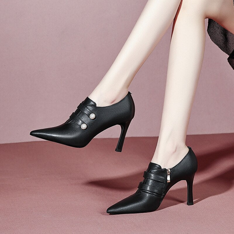 xiangtuibao Women Pointed Shoes Mid-heel Thick Heel Casual Single Shoes Women's Shoes High Heels Spring Autumn Genuine Leather Shoes Party