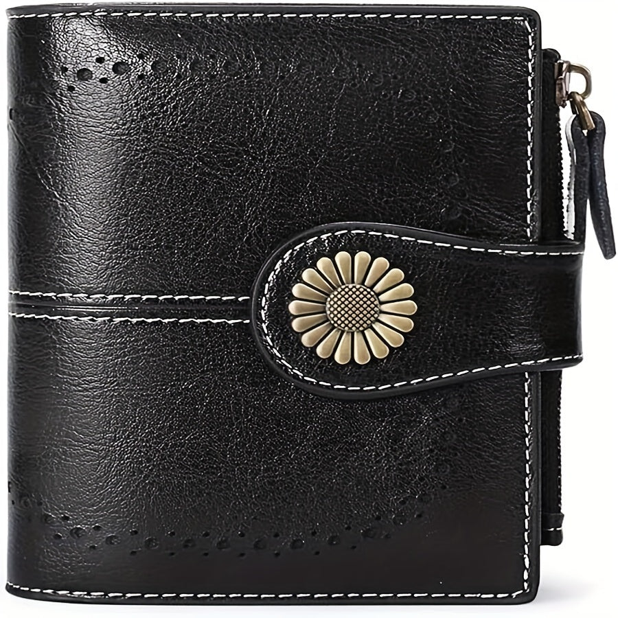 16-Slot Genuine Leather Small Bifold Wallet with RFID Blocking, Zipper Coin Purse, 2 ID Windows, and Buckle Closure - Premium Leather Lining, Casual Style, and Perfect for Everyday Use