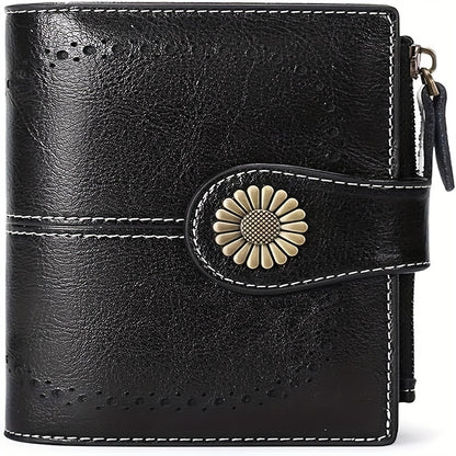 16-Slot Genuine Leather Small Bifold Wallet with RFID Blocking, Zipper Coin Purse, 2 ID Windows, and Buckle Closure - Premium Leather Lining, Casual Style, and Perfect for Everyday Use