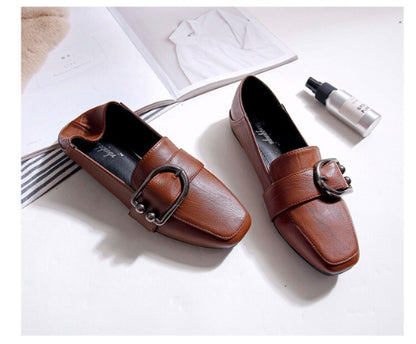 Square Head Deep Mouth Small Leather Shoes Women  Autumn New Metal Flat Shoes Women Flat Shoes