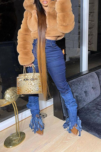 xiangtuibao Solid Color Faux Fur Luxe Hooded Coat