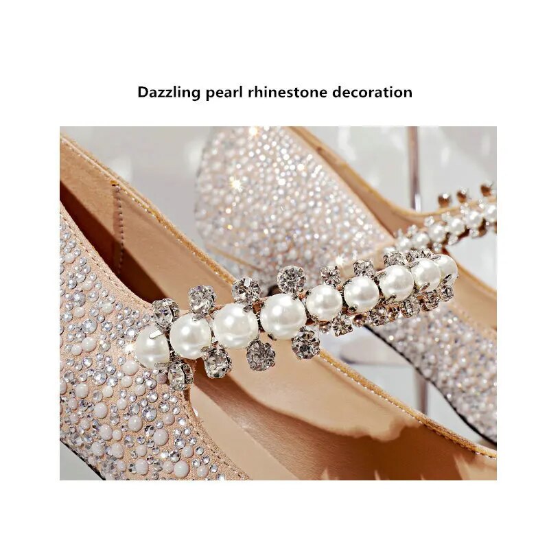 xiangtuibao Hot Rhinestone Pointed High Heels New Single Shoes Women's Pumps Bridesmaid Rhinestone Crystal Pearl Retro Wedding Shoes