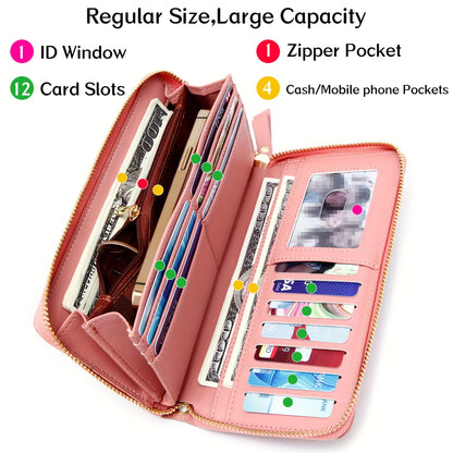 Stylish Womens RFID Blocking Zip Wallet - Large Capacity Long Purse with Detachable Wristlet & Secure Card Holder