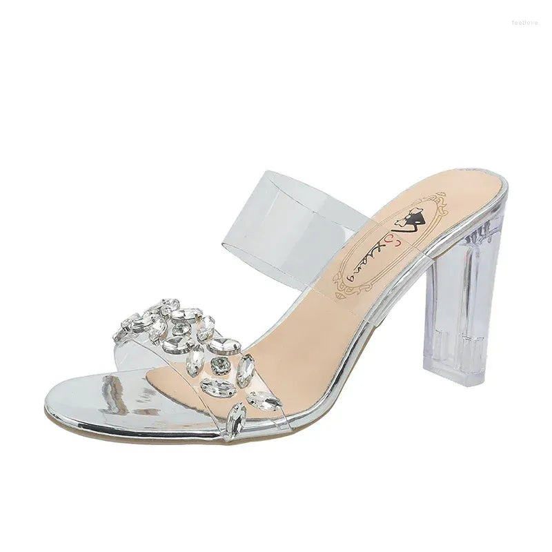Sandals Fairy Gentle Wind-! Crystal High Heel With Summer Square Headed And Transparent Water Diamond Stripe