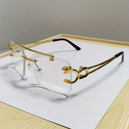 1pc Men's Trendy Square Rimless Sunglasses, Super Cool Gold Tiger Head Decoration Sunglasses Men's Driving Sunshade Anti-glare Glasses