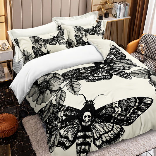 3pcs/set Deaths Head Moth & Flower Luxury Duvet Cover Set - Soft Hypoallergenic Bedding for a Dreamy Sleep - 1 Duvet + 2 Pillowcases, Breathable & Stylish Design, Easy Care, Machine Washable