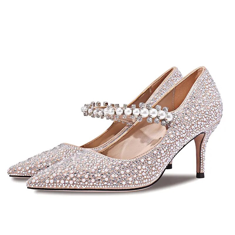 xiangtuibao Hot Rhinestone Pointed High Heels New Single Shoes Women's Pumps Bridesmaid Rhinestone Crystal Pearl Retro Wedding Shoes