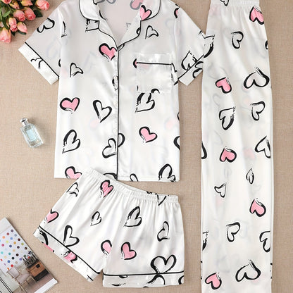 1 Shirt and 2 Trousers Womens Elegant Heart Print Satin Pajama Set - Soft, Relaxed Fit, Short Sleeve, Lapel Collar, Random Printing - Comfortable, Woven, Non-Sheer, All Seasons