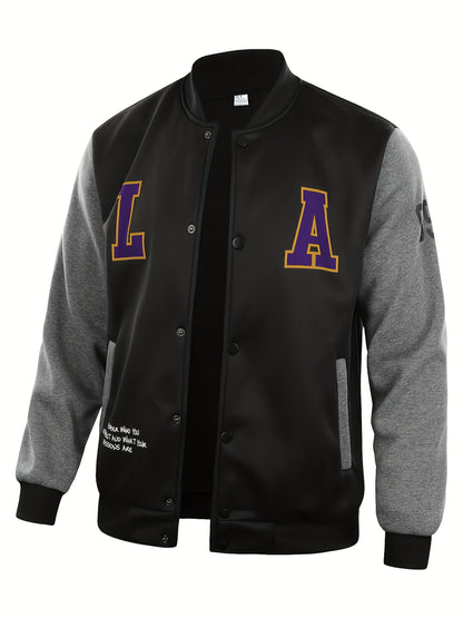 Mens Classic LA Print Varsity Jacket - Stylish Color Block Design - Durable Button Up for Spring/Fall - Trendy College Baseball Style