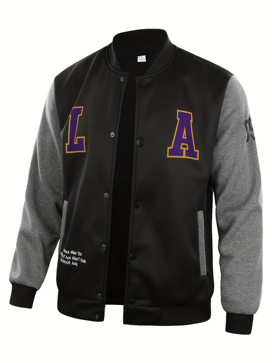 Mens Classic LA Print Varsity Jacket - Stylish Color Block Design - Durable Button Up for Spring/Fall - Trendy College Baseball Style