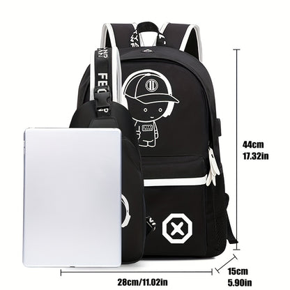 2-Piece Set Stylish Cartoon Printed Backpack Combo - Spacious & Versatile, Casual Daypack with Crossbody Chest Bag - Ideal for School, Travel & Daily Use