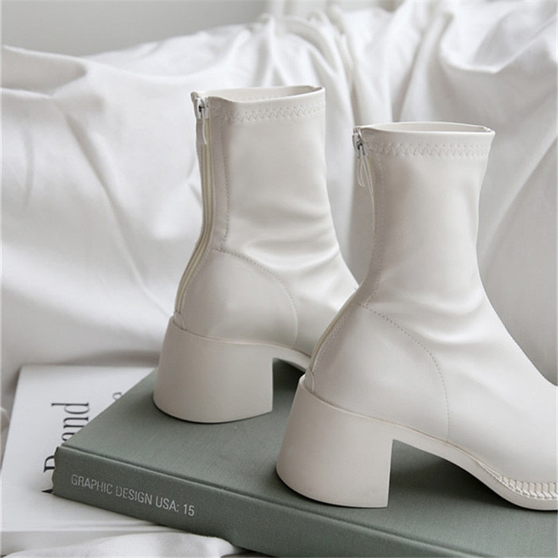 xiangtuibao Sexy Black Women Ankle Boots Chunky High Heel Elastic Sock Boot Ladies Shoes Round Toe Slim Fit Short Booties Autumn Botas Mujer