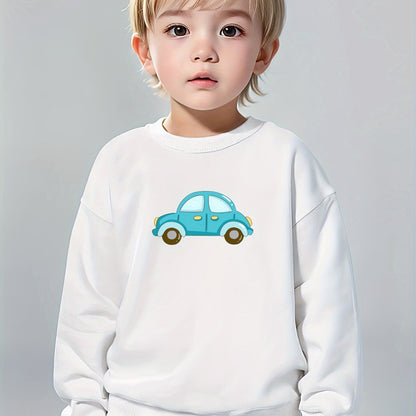 Boys Pure Cotton Cute Car Print Round Neck Comfortable Casual Long Sleeve Sweatshirt For Spring And Autumn And Winter Cozy & Versatile Sweatshirt Top For Indoors & Outdoors