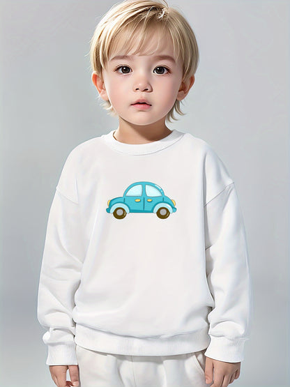 Boys Pure Cotton Cute Car Print Round Neck Comfortable Casual Long Sleeve Sweatshirt For Spring And Autumn And Winter Cozy & Versatile Sweatshirt Top For Indoors & Outdoors