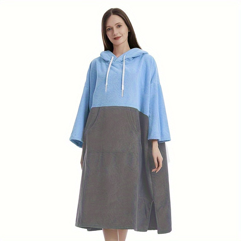 1pc Color Blocking Surf Poncho Changing Towel, Changing Robe With Hood, Hooded Design Bathrobe With Large Pocket, Bathroom Supplies