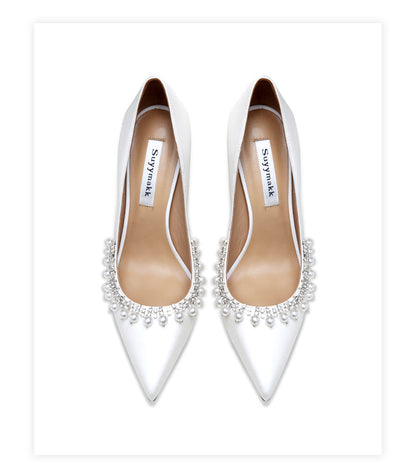 xiangtuibao New Spring Women For Fashion Pointed Toe Stiletto Pumps Sexy White String Bead Wedding Shoes High Heels Party Dress Shoes V