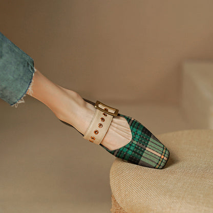 xiangtuibao Square Toe Women Flats With Buckle Women Mules Slip On Moccasins Ladies Gingham Flat Shoes Patchwork Loafers Chaussures Femme