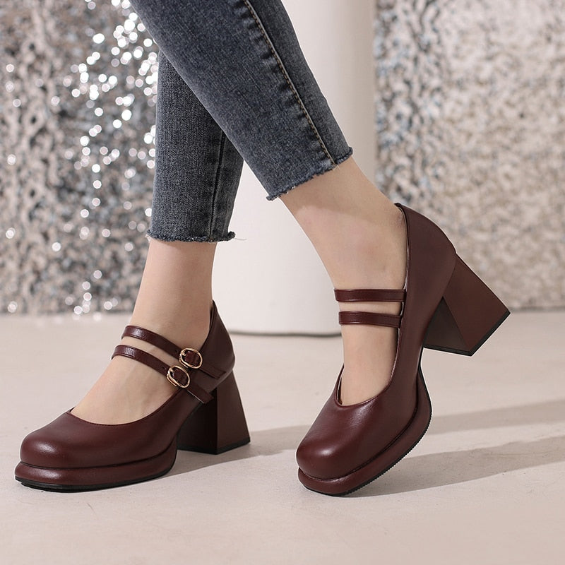 xiangtuibao Double Breasted Buttoned Cutout Breathable Thick Heel Women's Pumps Tapered Thick Heel Classic French Style Mary Jean Shoes