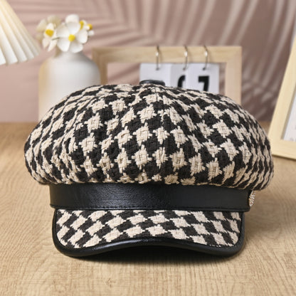 Classic Chic Houndstooth Beret Hat - French Flair, Color Block Trendsetter - Vintage Newsboy Painter Cap for Fashion-Forward Women