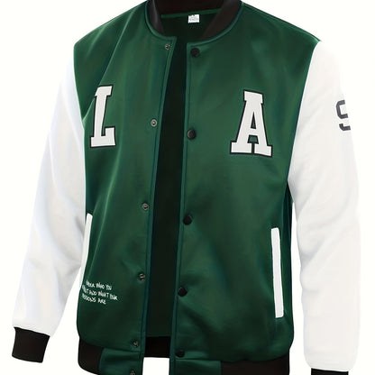 Mens Classic LA Print Varsity Jacket - Stylish Color Block Design - Durable Button Up for Spring/Fall - Trendy College Baseball Style