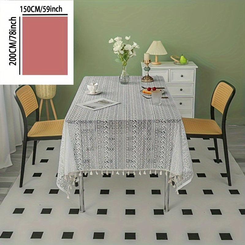 1pc Exquisite Bohemian Crochet Lace Tablecloth - Striking Geometric Stripe Design with Tassel Trim - Timeless Farmhouse Style for Kitchen, Dining, Buffet, Holidays, Parties, Weddings & Home Decor