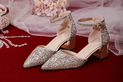 xiangtuibao Wedding Shoes Main Dress Bridal Summer Straight Button High-heeled Female Thick Heel Hollow Crystal Bridesmaid Pumps Shoes