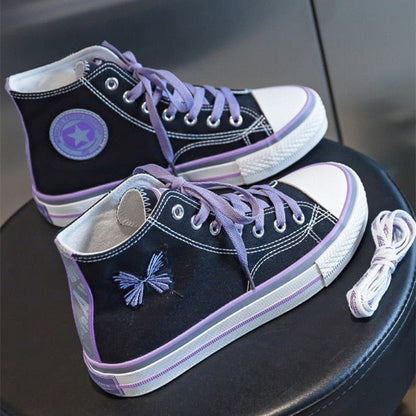 xiangtuibao  Spring New Women Canvas Shoes Fashion Drawings Girl Purple Vulcanized Sneakers Butterfly Embroidery Casual High Low Flat Shoes
