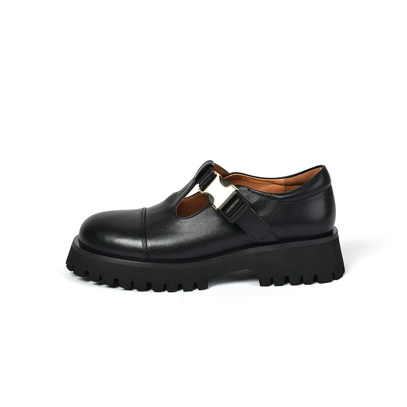 Spring Genuine Leather Flat Platform Women Shoes Fashion Slip-On Platform Shoes Casual Round Toe Heel Handmade Shoes Woman
